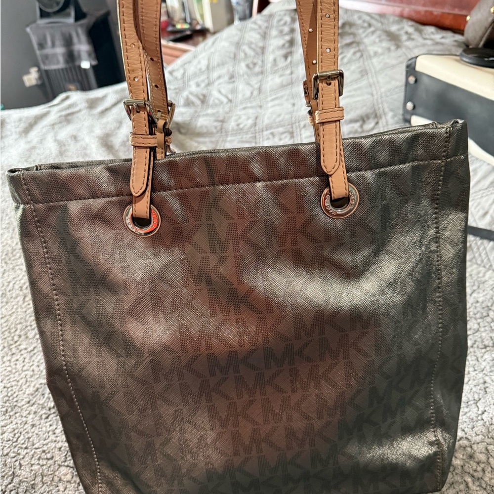 Michael Kors Brown Logo Tote with Tan Leather Straps